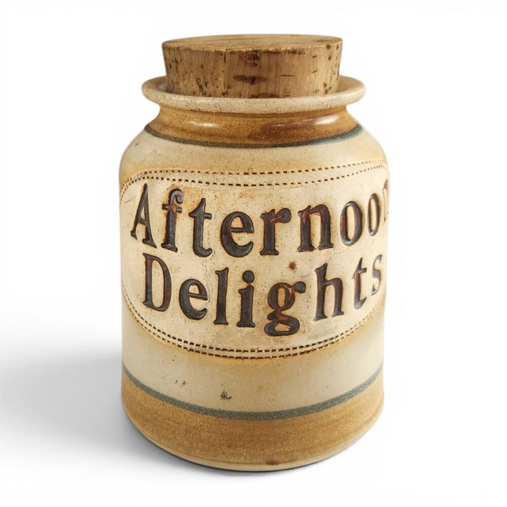 RARE Vtg Dr. Brophy's Word Jar '81 AFTERNOON DELIGHTS Ceramic Cork Clay Beige